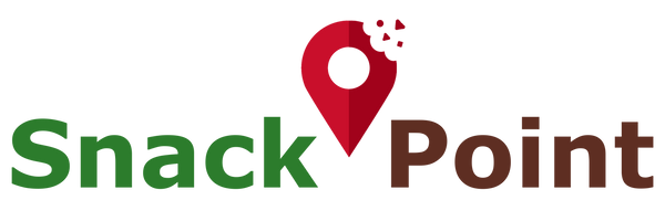The Snack Point logo, featuring the text 'Snack' in green and 'Point' in brown, separated by a red location pin icon with a bite mark and small crumbs in the upper right corner.